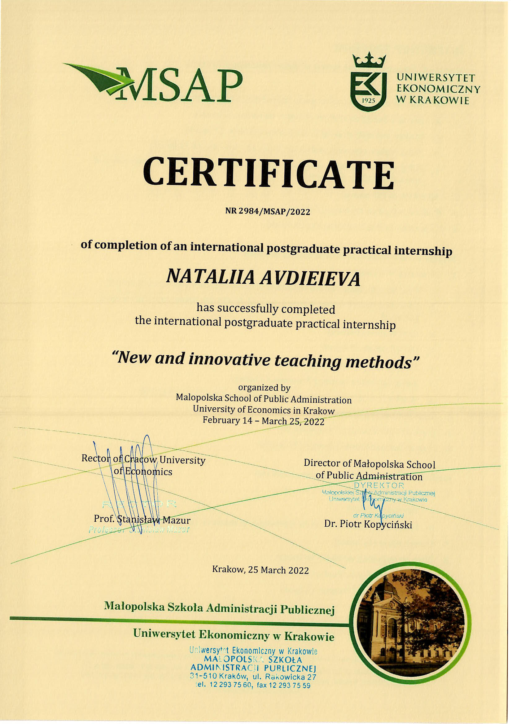 Certificate Krakow4 5